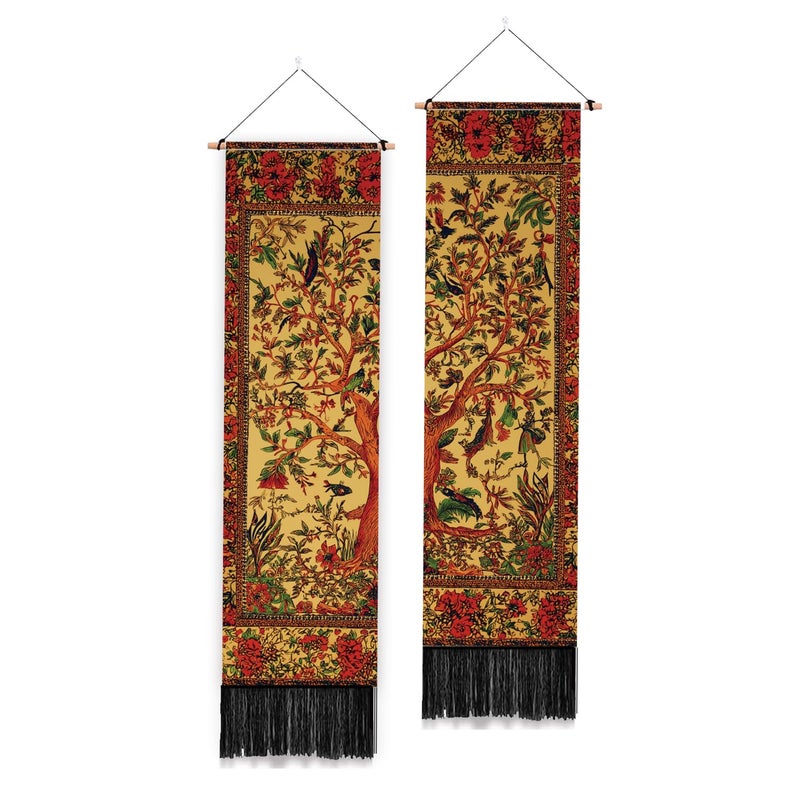 PLIGREAT 2 Pack Vintage Folk Wall Tapestry, Red Tree of Life Wall Hanging with Tassels Retro Tree Vertical Tapestry for Bedroom Living Room Home Decorations, 52 x 13 Inch - Image 1