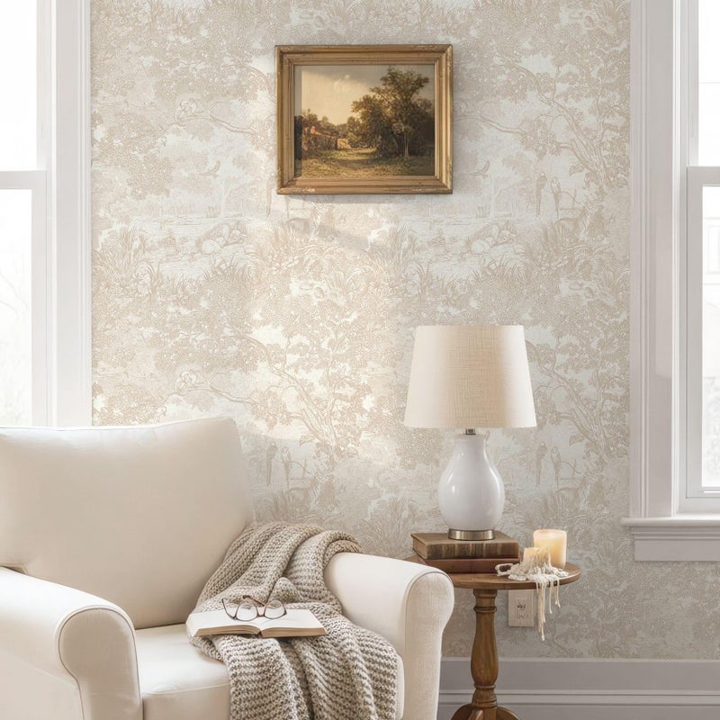 Ismoon Vintage Wallpaper Peel and Stick Beige Neutral Wallpaper 17.3in x6.56ft Forest Animals Contact Paper for Bedroom Thicken Waterproof Self-Adhesive Wall Paper Removable Renter Friendly Vinyl - Image 2