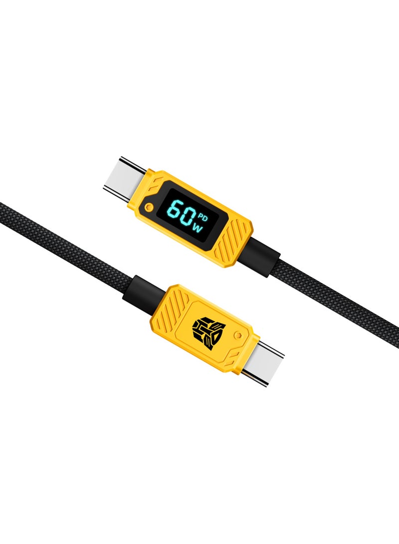TRANSFORMERS TF-A18 60W PD C-C Charging Cable, Zinc Alloy & TPE Material, 1 Meter with Ice Blue Display, Durable - Yellow - Image 1