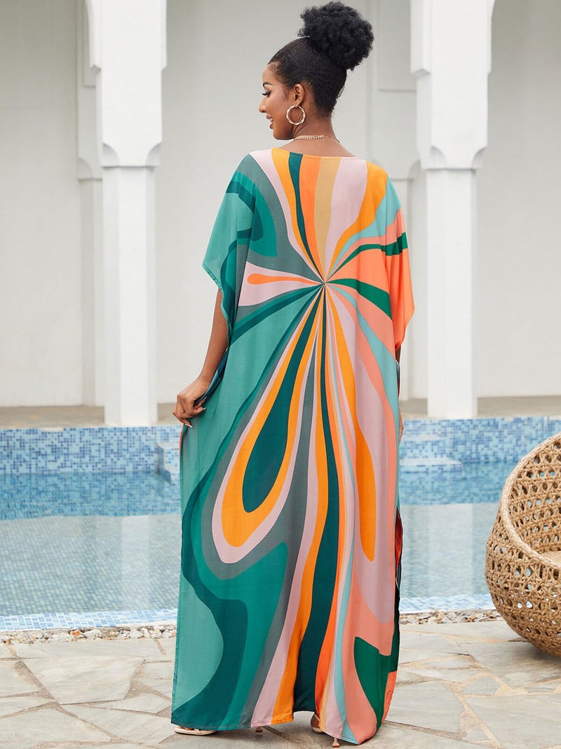 IMAGEKOPE Moroccan Print V-Neck Batwing Kaftan Women's Plus Size Loose Fit Beach Dress Bathing Suit Cover Up Loungewear - Image 3