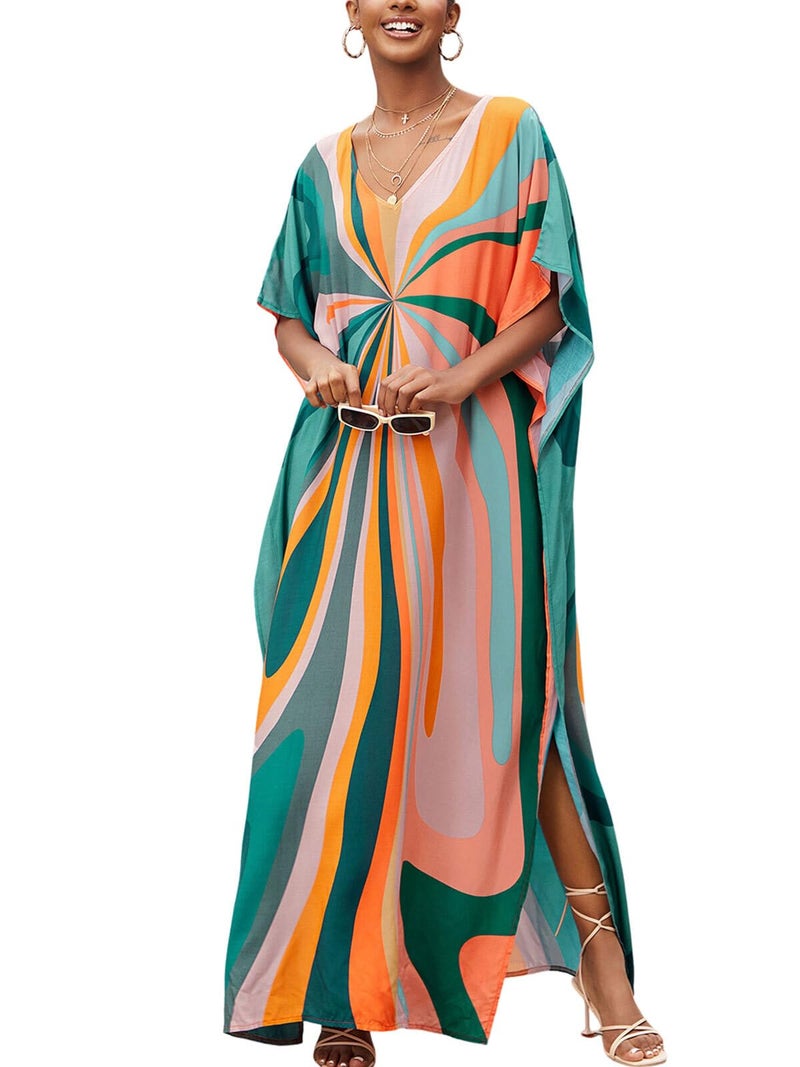 IMAGEKOPE Moroccan Print V-Neck Batwing Kaftan Women's Plus Size Loose Fit Beach Dress Bathing Suit Cover Up Loungewear - Image 1