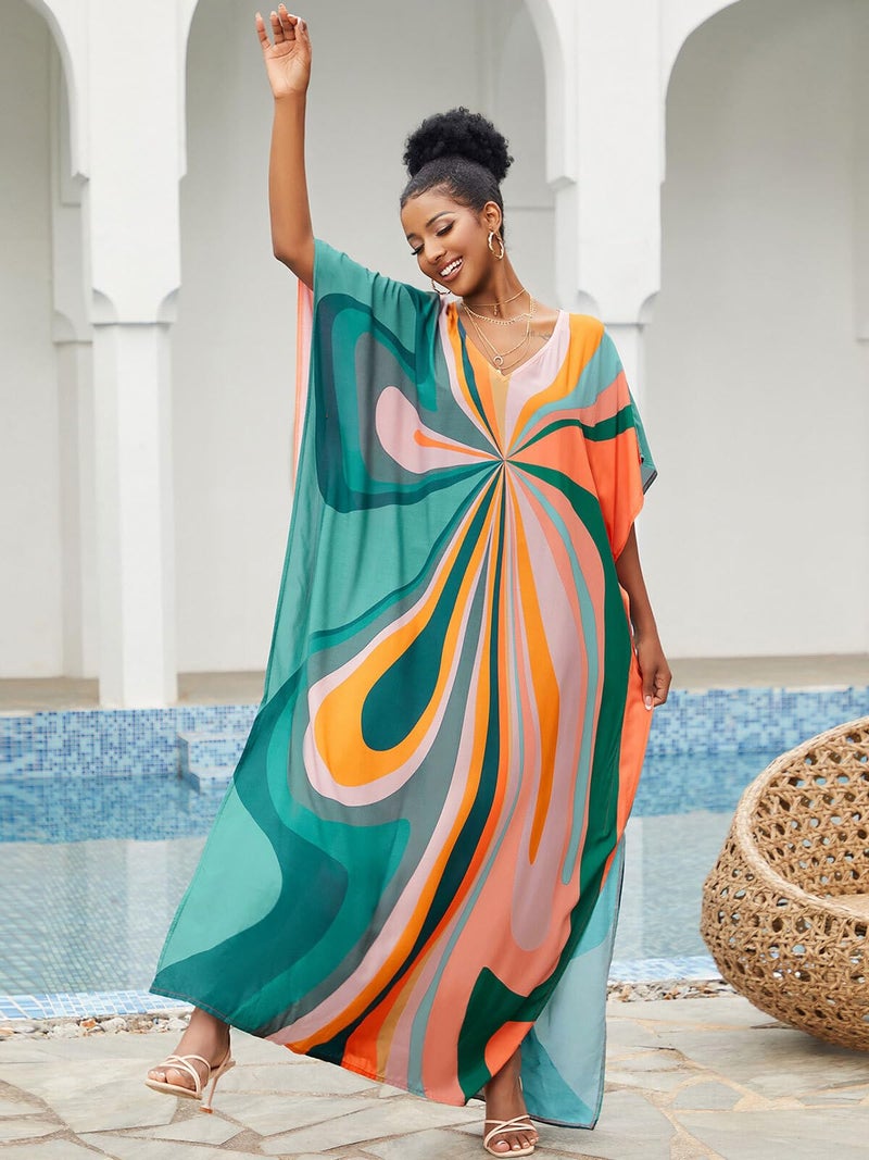 IMAGEKOPE Moroccan Print V-Neck Batwing Kaftan Women's Plus Size Loose Fit Beach Dress Bathing Suit Cover Up Loungewear - Image 4