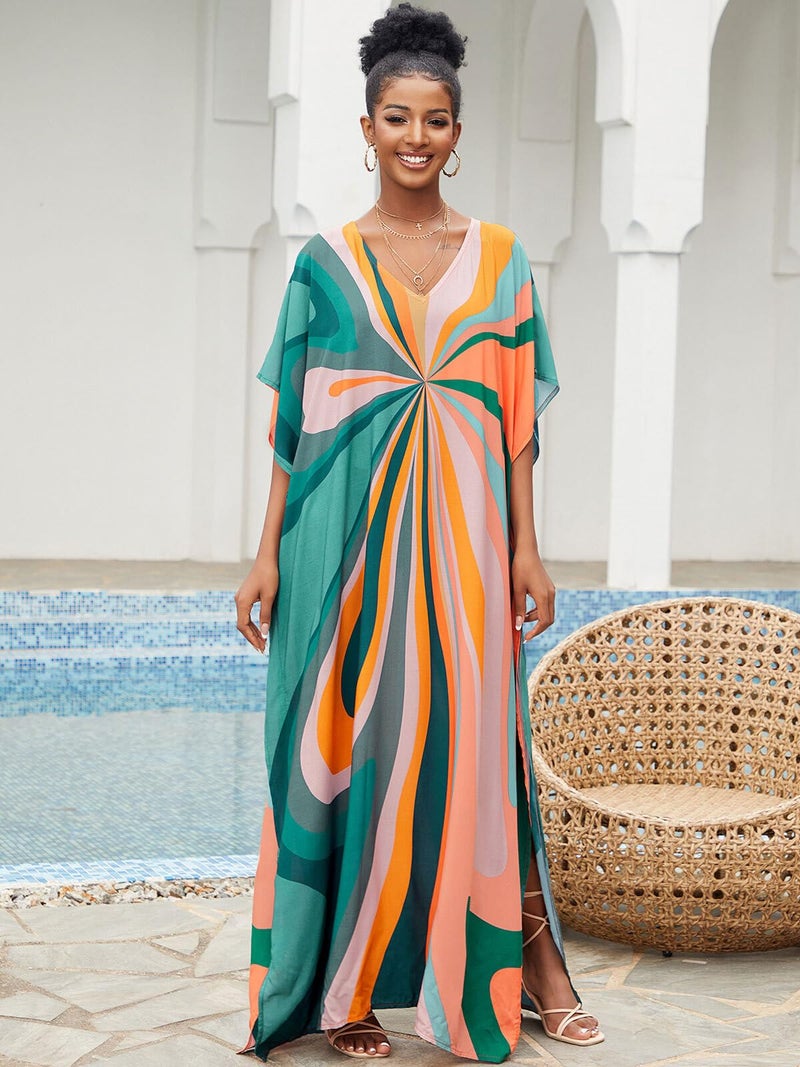 IMAGEKOPE Moroccan Print V-Neck Batwing Kaftan Women's Plus Size Loose Fit Beach Dress Bathing Suit Cover Up Loungewear - Image 5