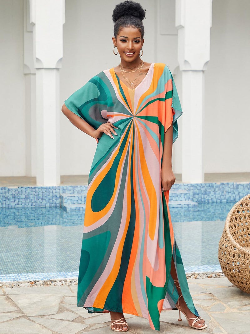 IMAGEKOPE Moroccan Print V-Neck Batwing Kaftan Women's Plus Size Loose Fit Beach Dress Bathing Suit Cover Up Loungewear - Image 2