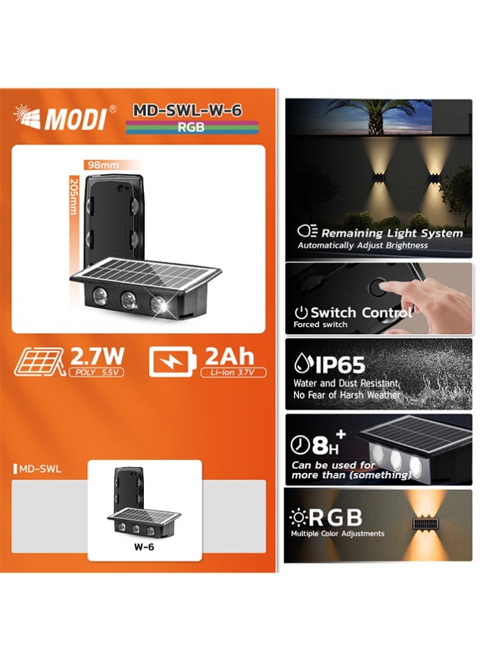 مودي مصباح جداري يعمل بالطاقة الشمسية، مقاس 205.5×98×60.5 مم، لون كهرماني دافئ 1800 كلفن / أبيض دافئ 3000 كلفن / مصباح جداري LED متغير الألوان RGB | مصباح جداري يعمل بالطاقة الشمسية، مقاوم للماء IP65، مناسب للحدائق والسياج والفناء | بطارية مُحسّنة 2000 مللي أمبير/ساعة، وإضاءة ديكورية طويلة الأمد - Image 2