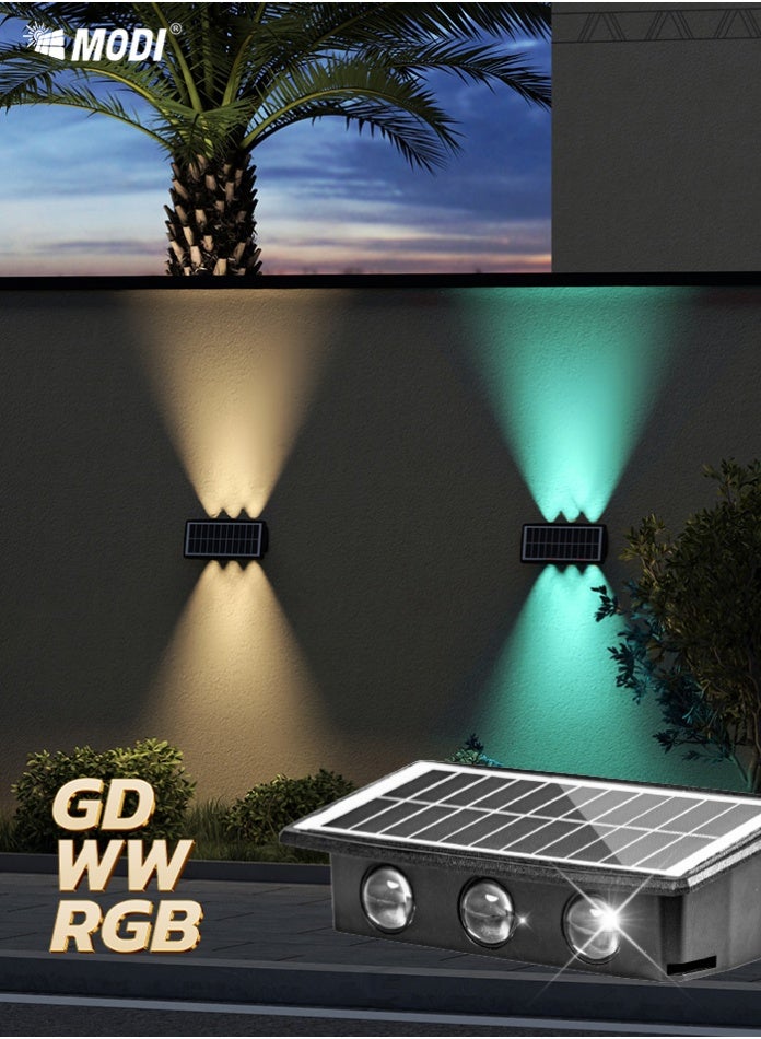 مودي مصباح جداري يعمل بالطاقة الشمسية، مقاس 205.5×98×60.5 مم، لون كهرماني دافئ 1800 كلفن / أبيض دافئ 3000 كلفن / مصباح جداري LED متغير الألوان RGB | مصباح جداري يعمل بالطاقة الشمسية، مقاوم للماء IP65، مناسب للحدائق والسياج والفناء | بطارية مُحسّنة 2000 مللي أمبير/ساعة، وإضاءة ديكورية طويلة الأمد - Image 1