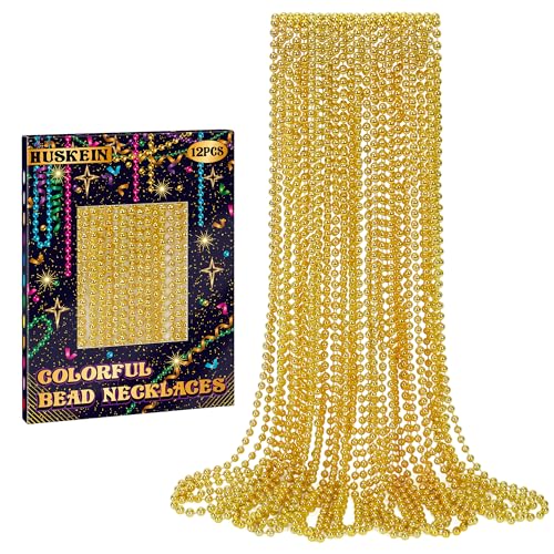 Huskein 12 PCS Mardi Gras Beads 33 Gold Beads Necklaces Mardi Gras Beaded Accessories Parade Throws Accessory Set Gold Beads for Wedding Carnival St Patricks Party Favors Supplies - Image 1