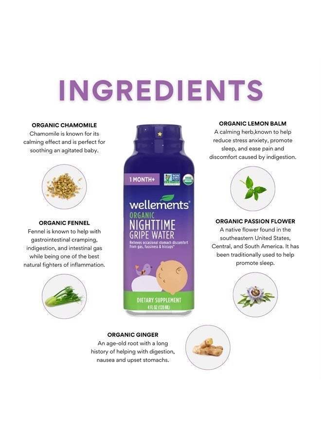 Wellements Organic Nighttime Gripe Water | Bedtime Relief for Baby Gas, Colic & Fussiness | Sleepy Time Herbs Promote a Peaceful Night's Sleep | USDA Certified Organic & Non GMO | 1 Month +, 4 Fl Oz. - Image 3