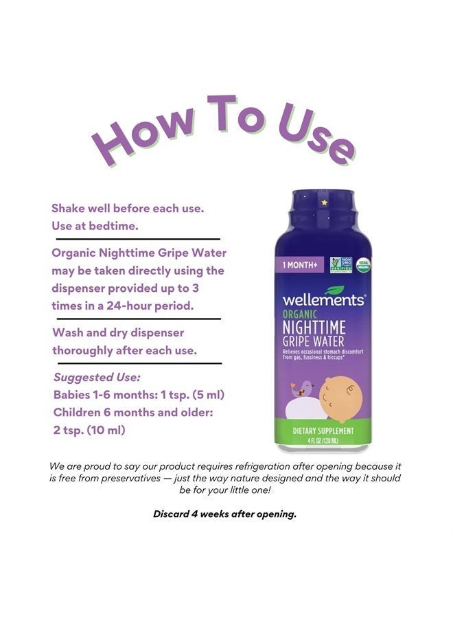 Wellements Organic Nighttime Gripe Water | Bedtime Relief for Baby Gas, Colic & Fussiness | Sleepy Time Herbs Promote a Peaceful Night's Sleep | USDA Certified Organic & Non GMO | 1 Month +, 4 Fl Oz. - Image 5