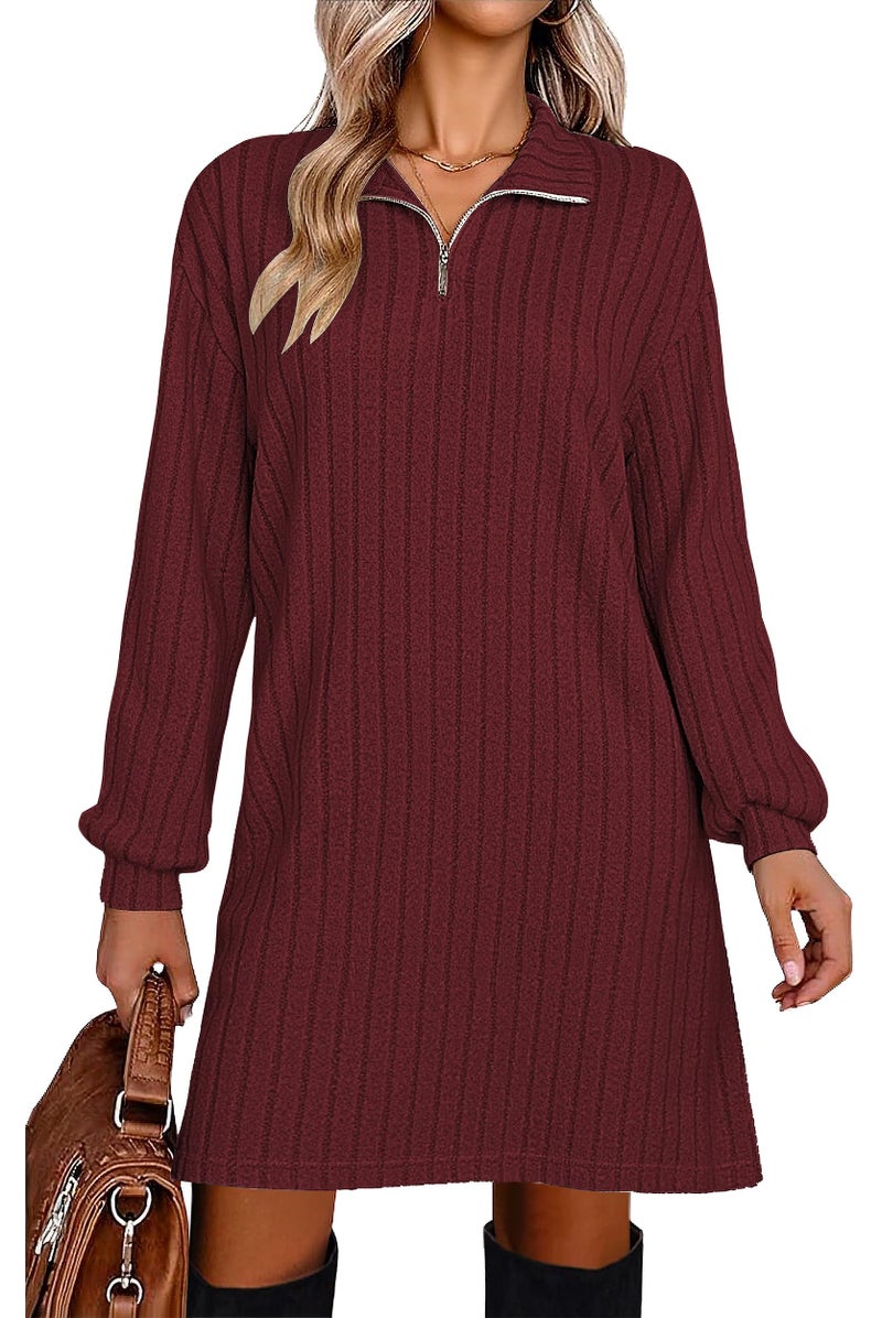 Halife Womens Knit Sweater Dress Zipper V Neck Long Sleeve Fall Dresses Knee Length Winter Tunic Dress Burgundy Dress L - Image 1