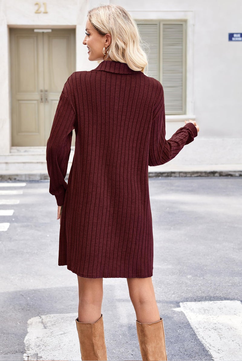 Halife Womens Knit Sweater Dress Zipper V Neck Long Sleeve Fall Dresses Knee Length Winter Tunic Dress Burgundy Dress L - Image 4