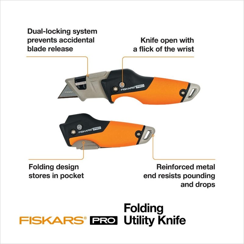 Fiskars سكين utility قابلة للطي قابلة للسحب، قاطع صناديق بشفرة كربون ماكس طويلة الأمد ونظام أمان مزدوج القفل، برتقالي/أسود - Image 3