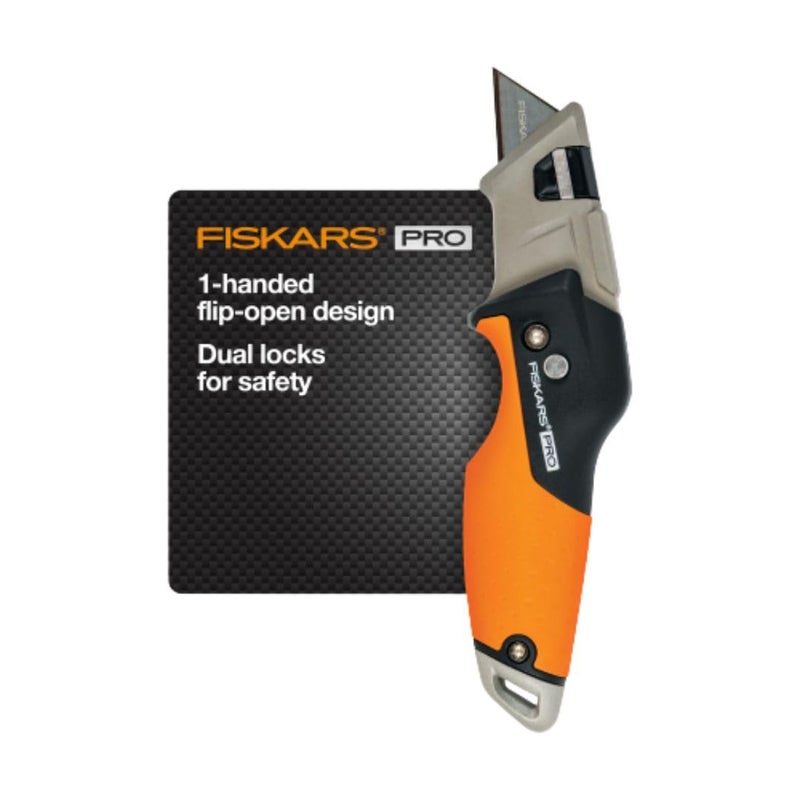Fiskars سكين utility قابلة للطي قابلة للسحب، قاطع صناديق بشفرة كربون ماكس طويلة الأمد ونظام أمان مزدوج القفل، برتقالي/أسود - Image 1