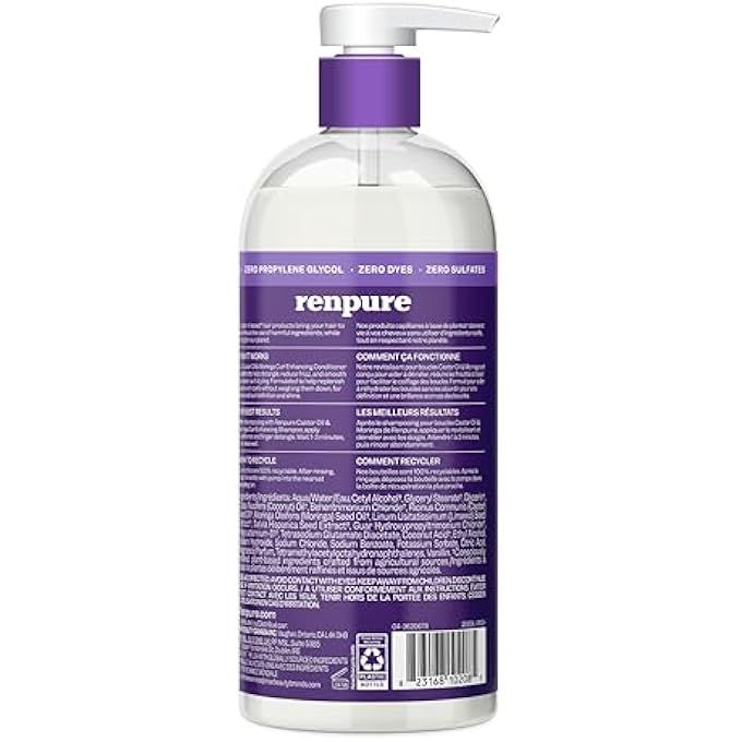 Renpure CASTOR OIL & MORINGA CURL ENHANCING CONDITIONER - FOR MOISTURIZED, DETANGLED & FRIZZ-FREE CURLS - WITH CASTOR OIL & MORINGA SEED OIL - FOR WAVY TO CURLY HAIR -24 FL OZ - Image 2