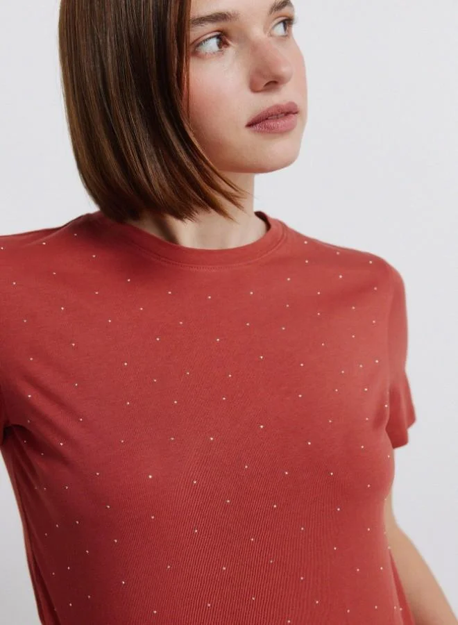 Springfield  Polka-dot short sleeve round neck straight T-shirt for Women | Best Price UAE