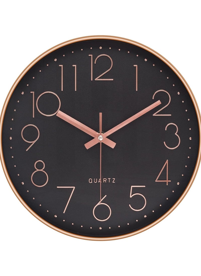 Zaros Silent Wall Clock, 12 Inch Battery Operated Non-ticking Arabic Numeral Clock, Round Decorative Clock for Home, Kitchen, Café, Hotel, Office Décor (Black-Rose Gold)  - Image 1