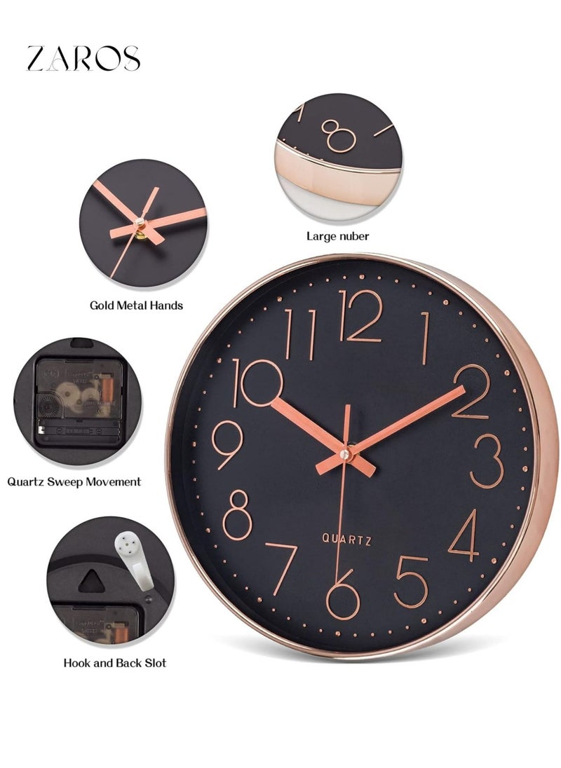 Zaros Silent Wall Clock, 12 Inch Battery Operated Non-ticking Arabic Numeral Clock, Round Decorative Clock for Home, Kitchen, Café, Hotel, Office Décor (Black-Rose Gold)  - Image 2
