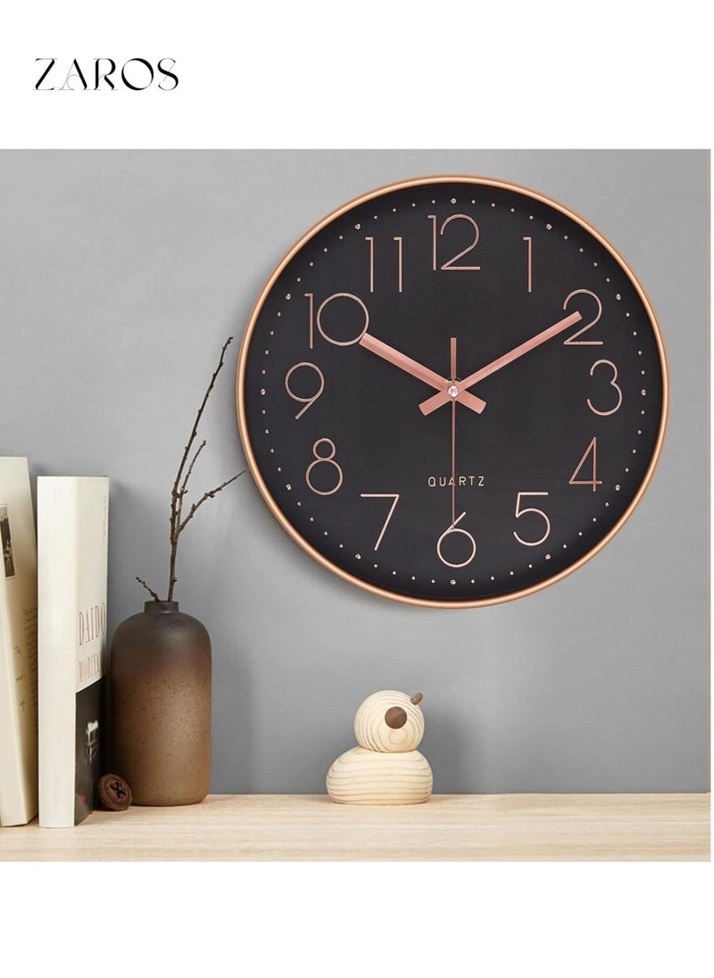 Zaros Silent Wall Clock, 12 Inch Battery Operated Non-ticking Arabic Numeral Clock, Round Decorative Clock for Home, Kitchen, Café, Hotel, Office Décor (Black-Rose Gold)  - Image 3