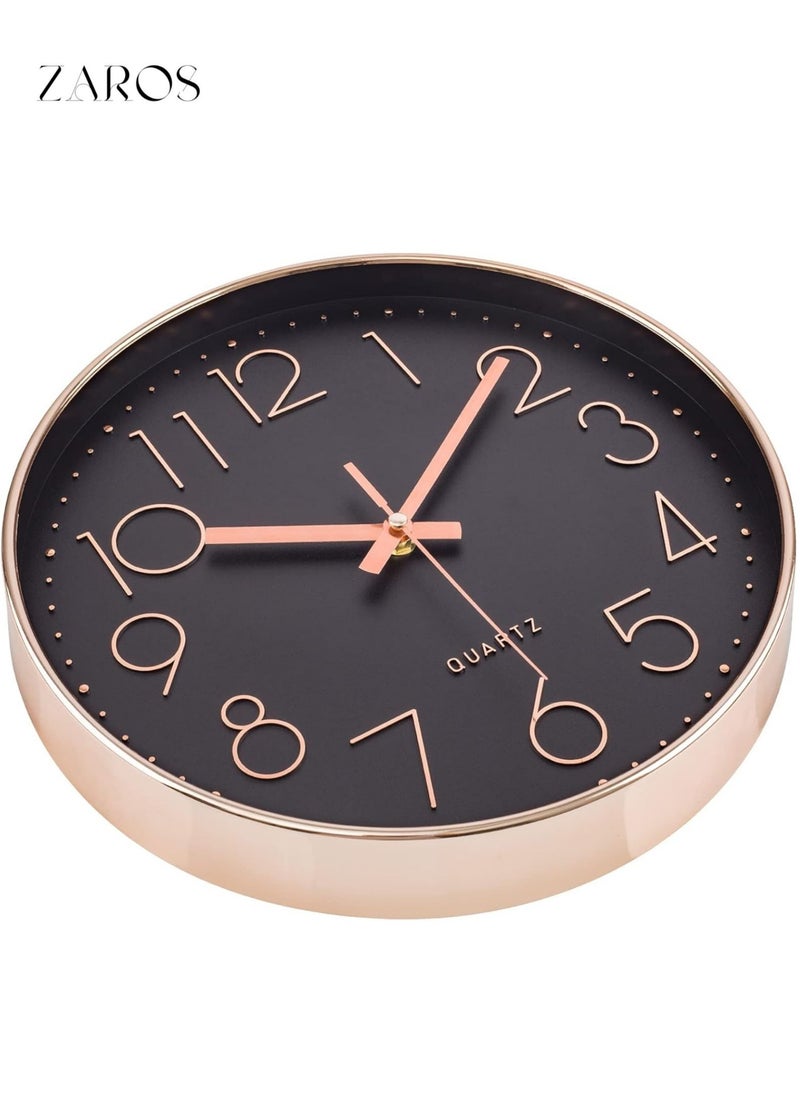 Zaros Silent Wall Clock, 12 Inch Battery Operated Non-ticking Arabic Numeral Clock, Round Decorative Clock for Home, Kitchen, Café, Hotel, Office Décor (Black-Rose Gold)  - Image 5