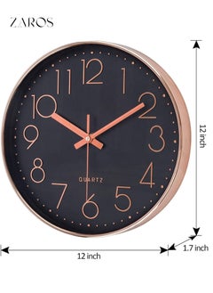Zaros Silent Wall Clock, 12 Inch Battery Operated Non-ticking Arabic Numeral Clock, Round Decorative Clock for Home, Kitchen, Café, Hotel, Office Décor (Black-Rose Gold)  - Image 4