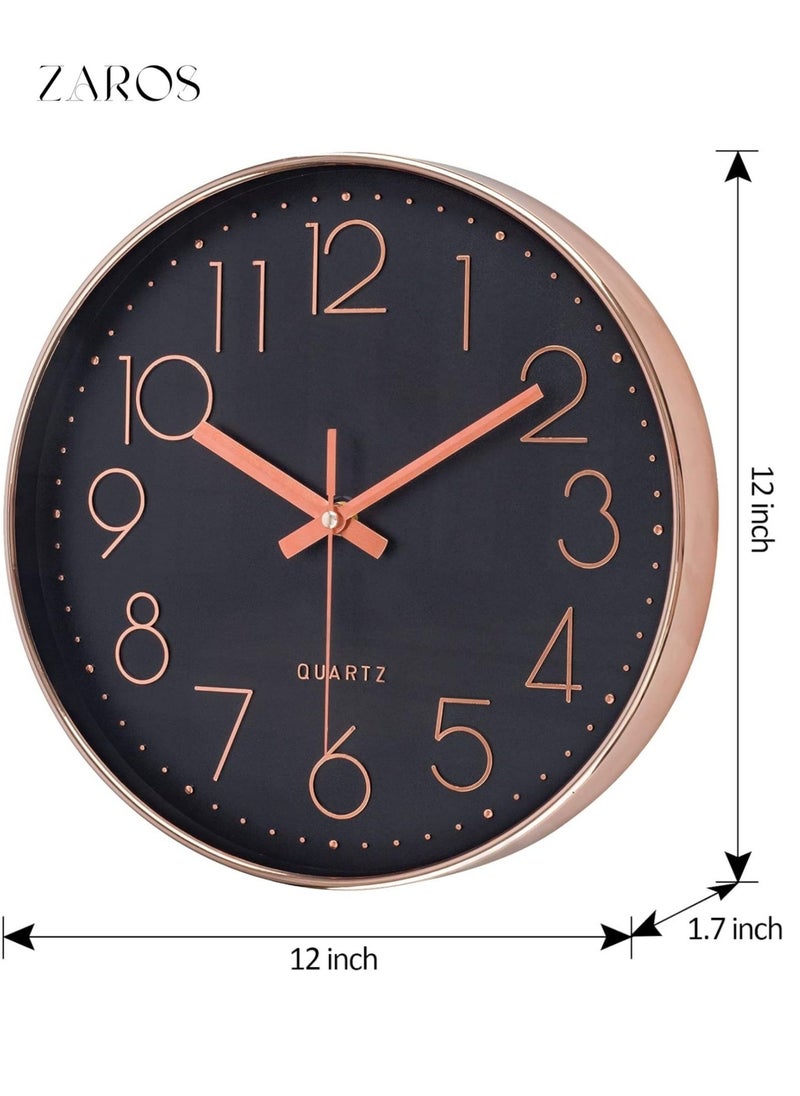 Zaros Silent Wall Clock, 12 Inch Battery Operated Non-ticking Arabic Numeral Clock, Round Decorative Clock for Home, Kitchen, Café, Hotel, Office Décor (Black-Rose Gold)  - Image 4