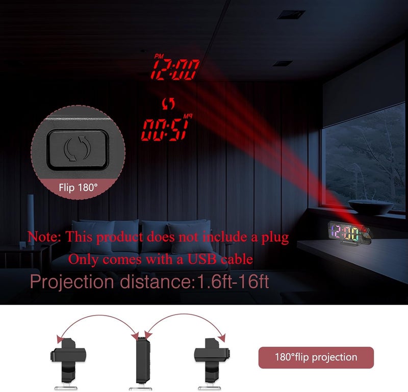 LOFICOPER Projection Alarm Clock, LED Alarm Clock with Rotatable Projection, Temperature Display, Adjustable Brightness, Snooze, 7.9'' Large Display Digital for Home, Bedroom, Office - Image 4