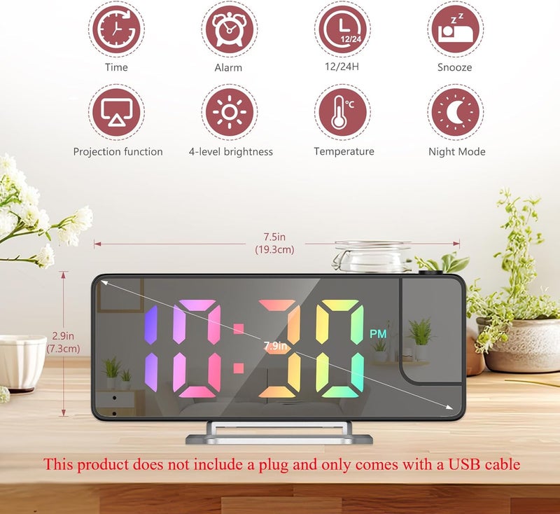 LOFICOPER Projection Alarm Clock, LED Alarm Clock with Rotatable Projection, Temperature Display, Adjustable Brightness, Snooze, 7.9'' Large Display Digital for Home, Bedroom, Office - Image 2