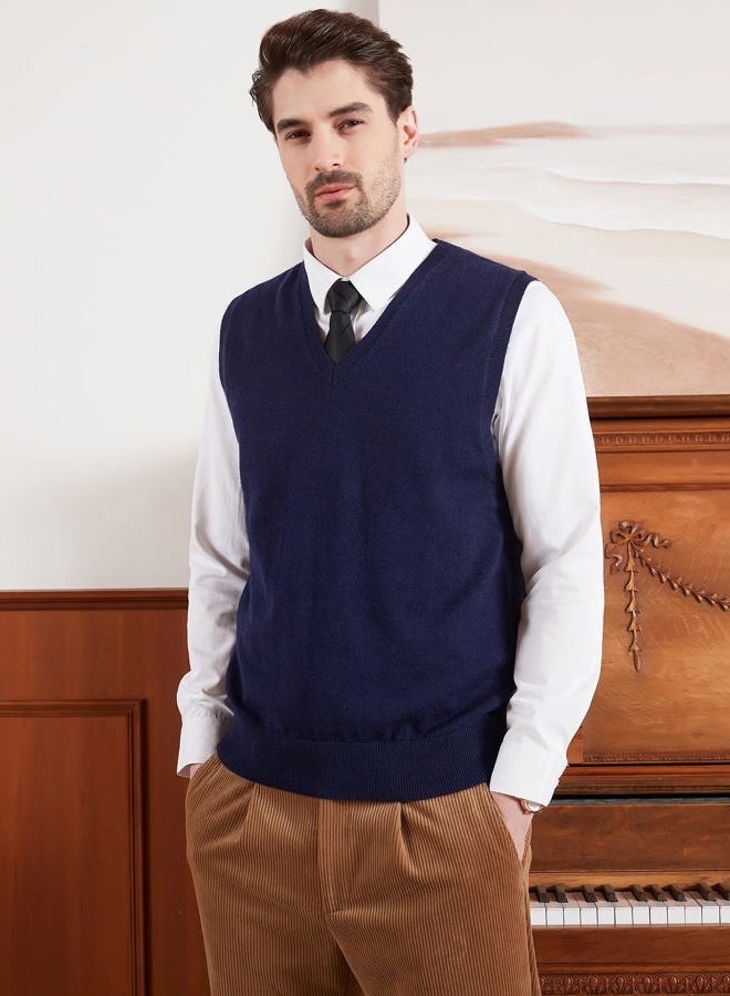 Kallspin Men's Relax Fit V-Neck Vest Knit Sweater Cashmere Wool Blend Navy Blue, L - Image 2