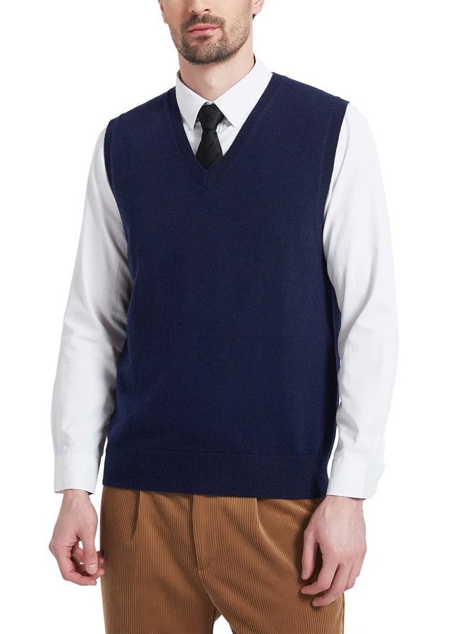 Kallspin Men's Relax Fit V-Neck Vest Knit Sweater Cashmere Wool Blend Navy Blue, L - Image 1