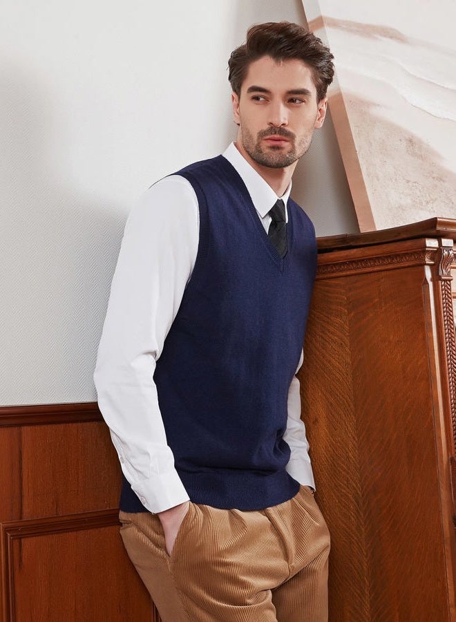 Kallspin Men's Relax Fit V-Neck Vest Knit Sweater Cashmere Wool Blend Navy Blue, L - Image 3