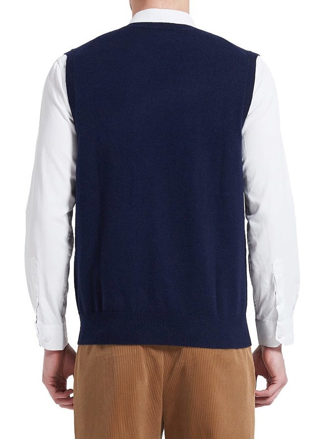 Kallspin Men's Relax Fit V-Neck Vest Knit Sweater Cashmere Wool Blend Navy Blue, L - Image 4