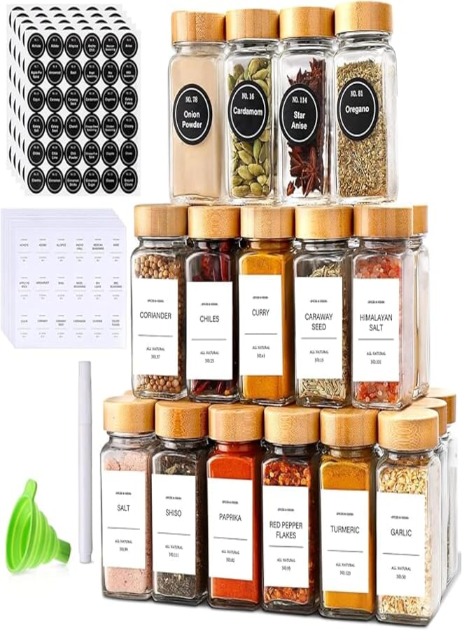 DIMBRAH Spice Jars with Label 24Pcs,Seasoning Containers,Glass Spice Jars with Bamboo Lids,Kitchen Essentials,Spices Container Set,Kitchen Set,Seasoning Organizer,Spice Rack Organizer for Cabinet