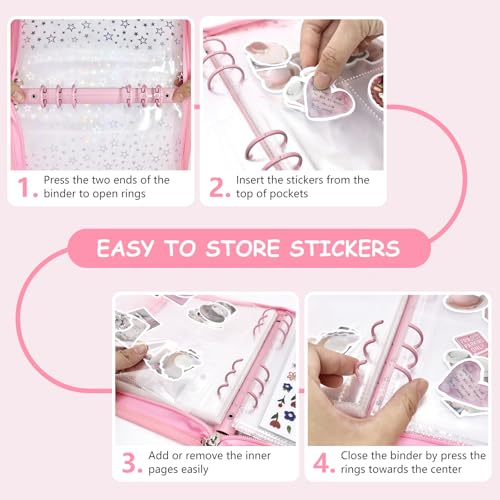 Ruatu Sticker Storage Organizer Binder A5 Sticker Collecting Book Reusable Zipper Album with Clear Laser Star Cover and Pocket Pages (Pink) - Image 4