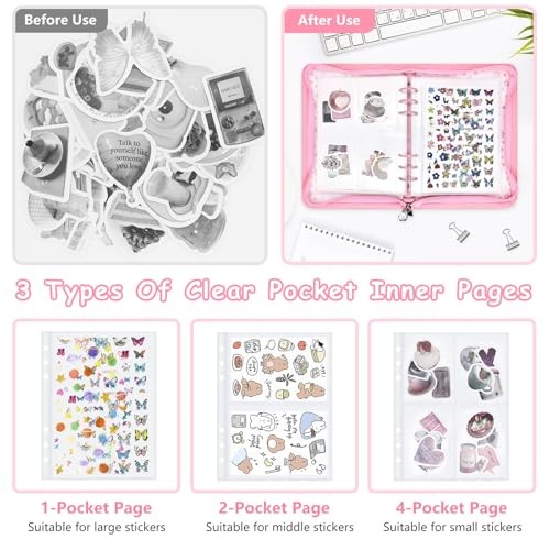 Ruatu Sticker Storage Organizer Binder A5 Sticker Collecting Book Reusable Zipper Album with Clear Laser Star Cover and Pocket Pages (Pink) - Image 3