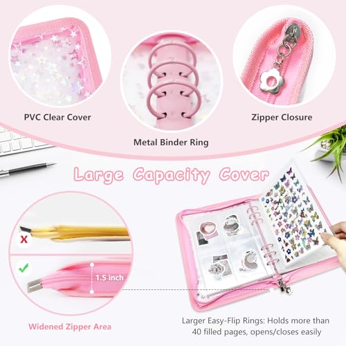 Ruatu Sticker Storage Organizer Binder A5 Sticker Collecting Book Reusable Zipper Album with Clear Laser Star Cover and Pocket Pages (Pink) - Image 2