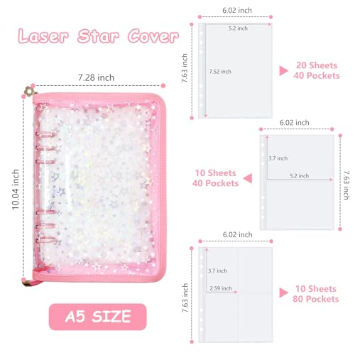 Ruatu Sticker Storage Organizer Binder A5 Sticker Collecting Book Reusable Zipper Album with Clear Laser Star Cover and Pocket Pages (Pink) - Image 5