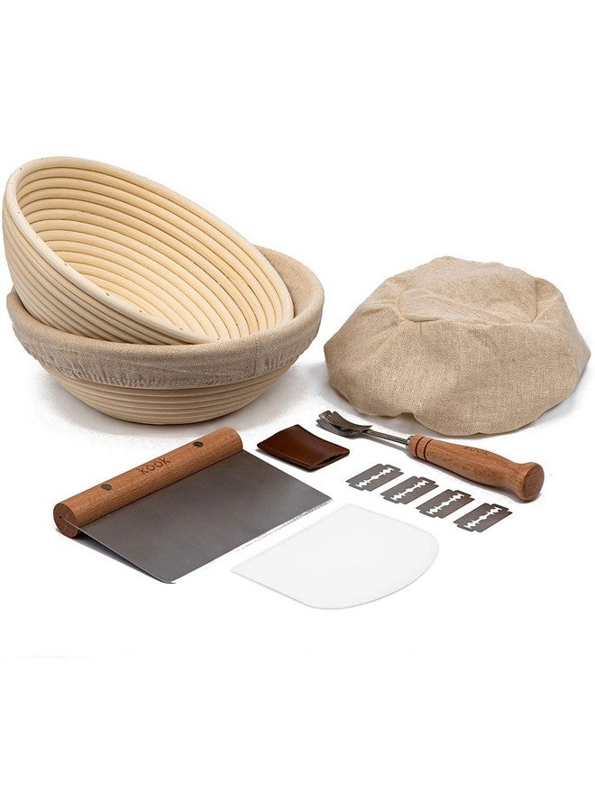 Kook Proofing Set, Sourdough Bread, 2 Rattan 9 Inch Banneton Baskets, 2 Basket Covers, Metal Scraper, Plastic Scraper, Scoring Lame, 5 Blades and Case, Baking Kit, Dough Bowls, Round Shape - Image 1