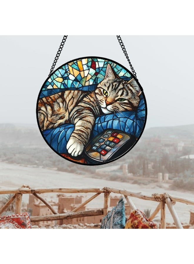 DASTOLL Stained Glass Window Hanging Gray Cat and Remote Control 9.8" - Suncatcher Door Garden Kitchen Sun Catcher Home Decor Birthday for Lost Pets Mom Men Woman Friend Grandma - Image 5