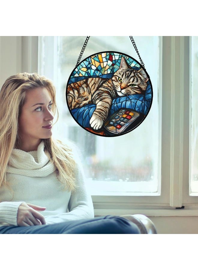DASTOLL Stained Glass Window Hanging Gray Cat and Remote Control 9.8" - Suncatcher Door Garden Kitchen Sun Catcher Home Decor Birthday for Lost Pets Mom Men Woman Friend Grandma - Image 3