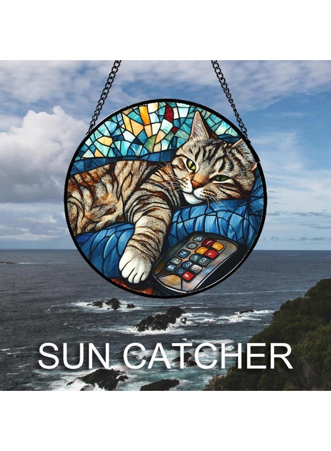 DASTOLL Stained Glass Window Hanging Gray Cat and Remote Control 9.8" - Suncatcher Door Garden Kitchen Sun Catcher Home Decor Birthday for Lost Pets Mom Men Woman Friend Grandma - Image 4