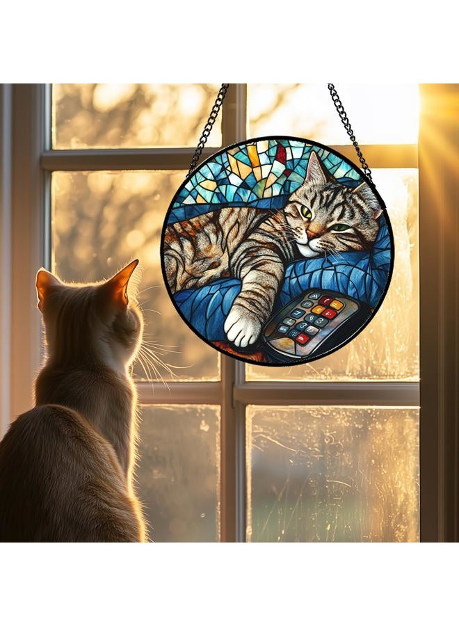 DASTOLL Stained Glass Window Hanging Gray Cat and Remote Control 9.8" - Suncatcher Door Garden Kitchen Sun Catcher Home Decor Birthday for Lost Pets Mom Men Woman Friend Grandma - Image 2