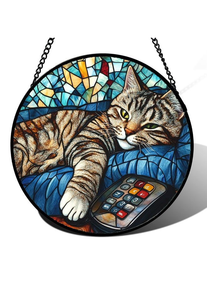 DASTOLL Stained Glass Window Hanging Gray Cat and Remote Control 9.8" - Suncatcher Door Garden Kitchen Sun Catcher Home Decor Birthday for Lost Pets Mom Men Woman Friend Grandma - Image 1