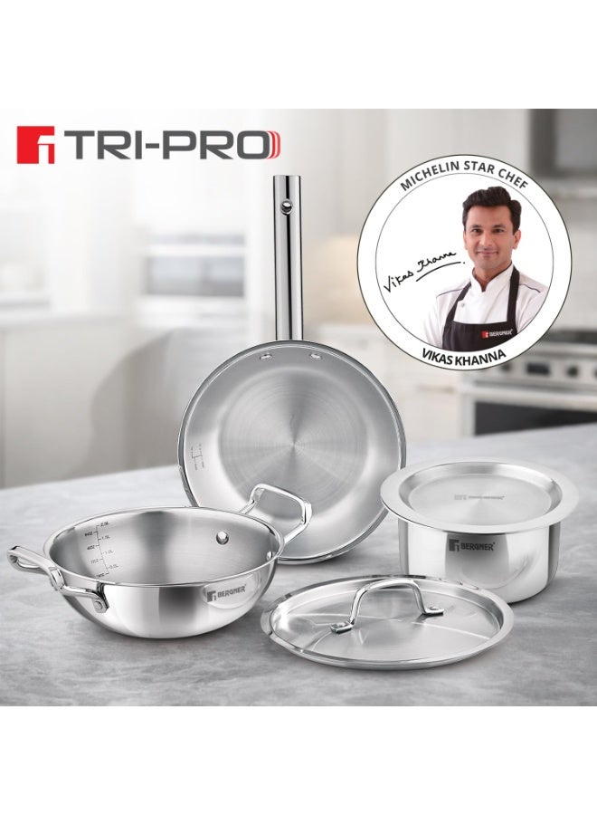 Bergner Tripro Triply Cookware Set 5 Pcs - 22cm (2.3L) Kadai with Lid, 22cm Frypan, 16cm (1.8L) Tope with Lid, Consumes Less Oil, Healthy Cooking, Even Heat Distribution, Induction and Gas Stove Ready - Image 4