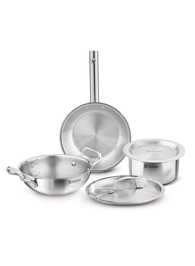 Bergner Tripro Triply Cookware Set 5 Pcs - 22cm (2.3L) Kadai with Lid, 22cm Frypan, 16cm (1.8L) Tope with Lid, Consumes Less Oil, Healthy Cooking, Even Heat Distribution, Induction and Gas Stove Ready - Image 1