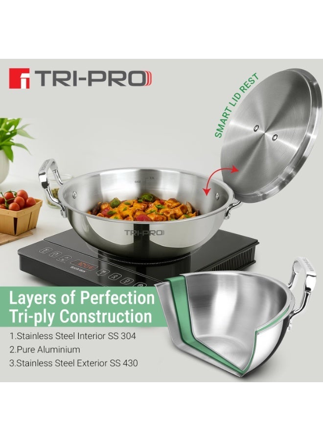 Bergner Tripro Triply Cookware Set 5 Pcs - 22cm (2.3L) Kadai with Lid, 22cm Frypan, 16cm (1.8L) Tope with Lid, Consumes Less Oil, Healthy Cooking, Even Heat Distribution, Induction and Gas Stove Ready - Image 3