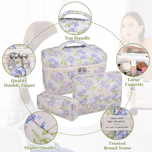 Gosect 3PC Makeup Bag Set, Quilted Makeup Bag, Large Floral Cosmetic Bag for Women, Cute Cotton Makeup Bags, Flower Travel Toiletry Organizer Bag (light blue) - Image 3