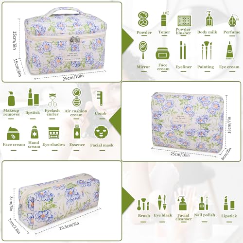 Gosect 3PC Makeup Bag Set, Quilted Makeup Bag, Large Floral Cosmetic Bag for Women, Cute Cotton Makeup Bags, Flower Travel Toiletry Organizer Bag (light blue) - Image 2