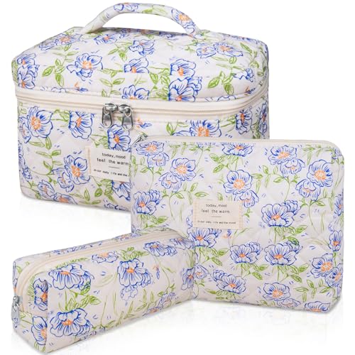 Gosect 3PC Makeup Bag Set, Quilted Makeup Bag, Large Floral Cosmetic Bag for Women, Cute Cotton Makeup Bags, Flower Travel Toiletry Organizer Bag (light blue) - Image 1