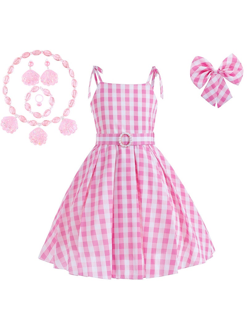 Barbie Costume Dress Outfit with Hairbow Necklace Ring Earring Bracelet Pink  - Image 1