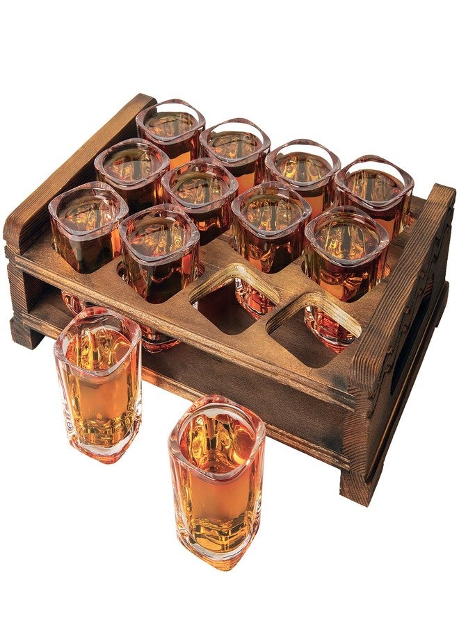 LINALL Shot Glass Set 12pcs 2oz/60ml Heavy Duty with Acacia Wood Holder for Party, Club, Cocktail (Brown 12pcs 2oz) - Image 1